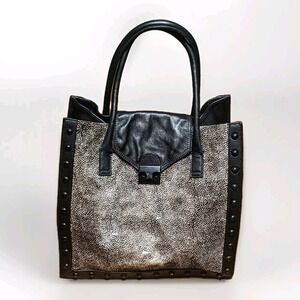 Loeffler Randall Work Tote Black Cow Hide Leather Top Handle Shoulder Bag Studs‎